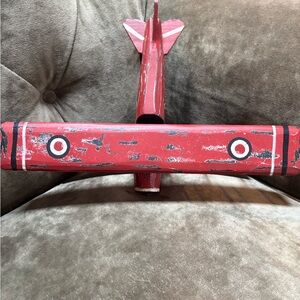 Distressed Red Wooden Airplane Decorative Accent